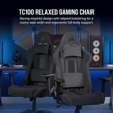 Ігрове крісло Corsair TC100 Relaxed, текстильне, чорне, ергономічне, з подушкою для попереку та знімною подушкою для шиї з memory-піни, регульовані підлокітники, стиль автоспорту