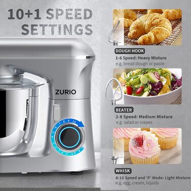 Кухонна машина Zurio 5.5L: міксер, планетарний міксер, 1300W, 10 швидкостей, з набором аксесуарів (крюк, вінчик, міксер)