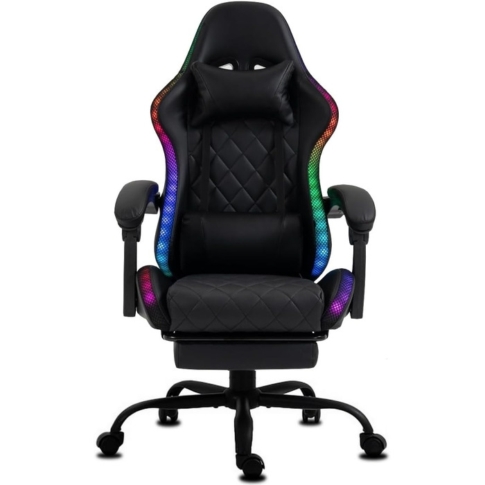 Ігрове крісло Delman Gaming з RGB LED підсвіткою, підставкою для ніг та металевою основою, чорне (02-0055)