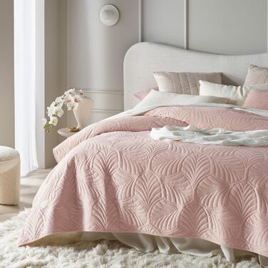 ROOM99 Feel Elegante стьобана покривало-плед із оксамиту пудрово-рожеве 240x260 см для ліжка та дивана