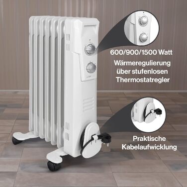 Масляний радіатор Clatronic RA 3735, електричний обігрівач Slimline на 1500 Вт, 7 секцій, 3 рівні потужності, для приміщень до 30 м²