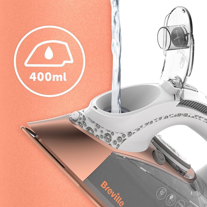 Парова праска Breville DiamondXpress 2800 Вт з багатонаправленою діамантово-керамічною підошвою, резервуаром для води 400 мл, біло-рожева [VIN420X]