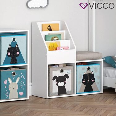 Дитяча книжкова полиця Vicco Luigi, біла, 72x79 см, з 2 складними коробками з малюнком песика та котика