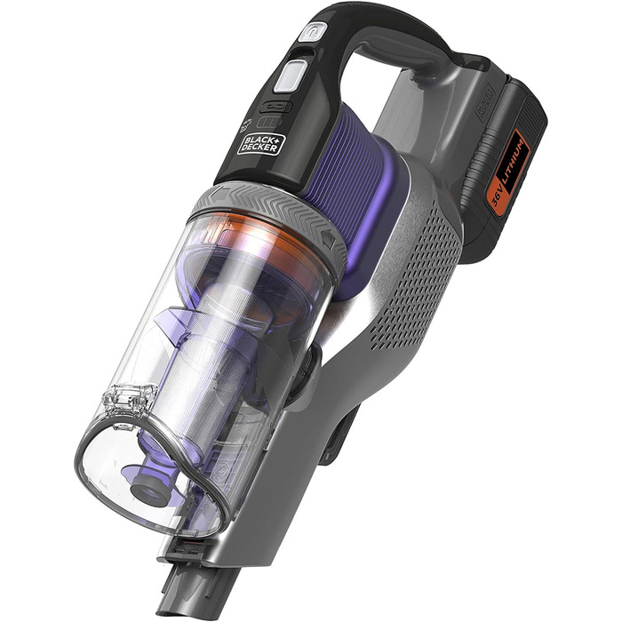 Акумуляторний пилосос BLACK+DECKER 4в1 для дому та тварин, 36В, 2.0А·год, без мішка, з електрощіткою для шерсті, 2в1 щілинна насадка, настінне кріплення, сріблясто-фіолетовий