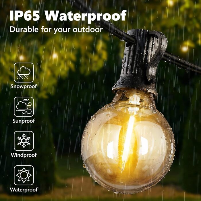 LED гірлянда вулична Joomer 20м, 28 LED G40, тепла біла, з пультом ДК, 3 режими, вологостійка для саду та вечірок