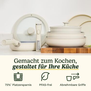 Набір посуду Cuisinart Ceramica XT 11 предметів: каструлі, сковороди, сотейник, пароварка. Керамічне антипригарне покриття з титановим зміцненням. Без PTFE, PFOA та PFAS, колір - слонова кістка