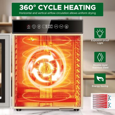 Сушарка для продуктів Kwasyo Edelstahl 750W, 12 ярусів, професійна, з таймером, регулюванням температури та захистом від перегріву + книга рецептів