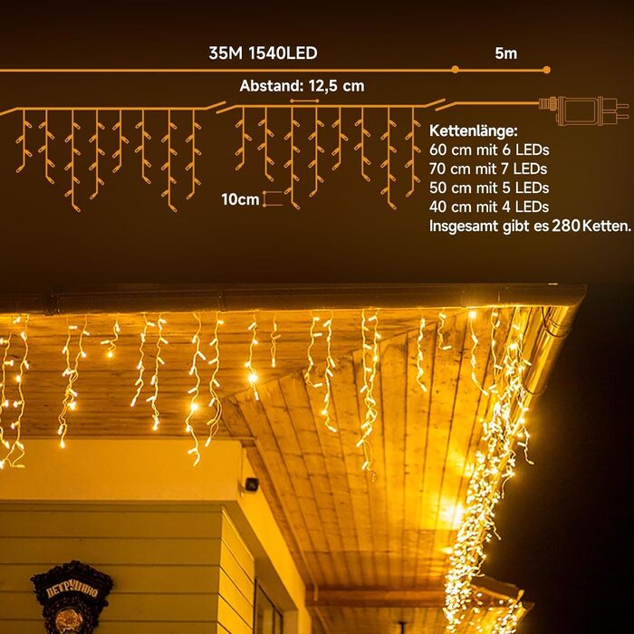 Світлодіодна гірлянда-дождик WOWDSGN (бурульки) для вулиці, 35м, 1540 LED, теплий білий колір, 8 режимів, таймер, водонепроникна IP44, для даху та тераси