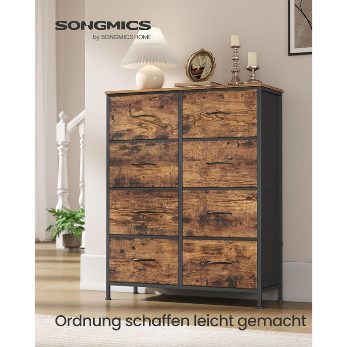 SONGMICS Комод зі 8 висувними ящиками, шафа для зберігання, сталь, МДФ, флізелін, для спальні, прихожої, вітальні, вінтажний коричневий + чорний, LGS124BH04