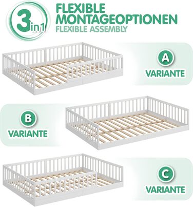 Ліжко дитяче CADANI Timi 2в1 Montessori 120x200 см з бортиками, ламелі, масив сосни, біле - 3 варіанти збірки, до 200 кг