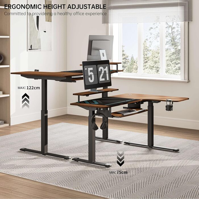 Електричний кутовий стіл для геймінгу EUREKA ERGONOMIC 155x110 см, з регулюванням висоти, клавіатурною полицею, LED-підставкою для монітора, лівий, колір горіх