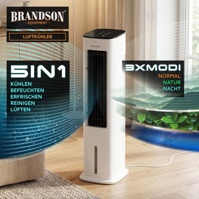 Brandson Турмовентилятор з водяним охолодженням 5-в-1: Повітряний охолоджувач, вентилятор, мобільний кондиціонер без шлангу - Білий матовий