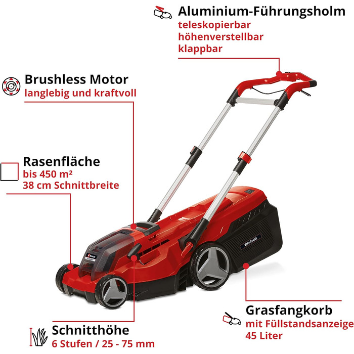 Акумуляторна газонокосарка Einhell RASARRO 36/38, 36В, 38 см, безщіткова, мульчування, 45 л, 2×4.0А·год, Twincharger, Power X-Change, для газонів до 450 м²