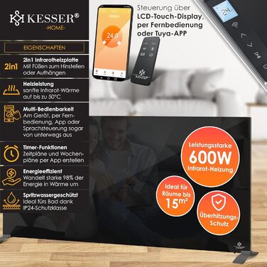 Інфрачервоний обігрівач KESSER 600 Вт, скляний конвектор, енергоощадний, 2-в-1: підлоговий і настінний, електрообігрівач з датчиком відкритого вікна, термостатом, дистанційним керуванням і керуванням через додаток, чорний