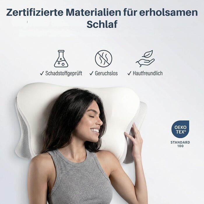Ортопедична подушка для сну з ефектом пам'яті для шиї та спини - Ergonomisches Kissen - Сіра/Біла, з 2 наволочками, регульована висота, сертифікована, при болях у шиї