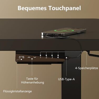 Електричний регульований стіл Triumphkey 200x80 см, чорний: стоячий стіл з двома двигунами, сенсорним екраном, USB-A та кабельним менеджментом, ергономічний офісний стіл