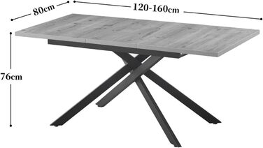 Розсувний обідній стіл LARS B&D Home, 120-160 x 80 см, для 4-6 осіб. Кухонний стіл з дерева, чорний, Industrial modern, Texas-Eiche, 11202-XS-EITE (Marmor-schwarz/Schwarz)