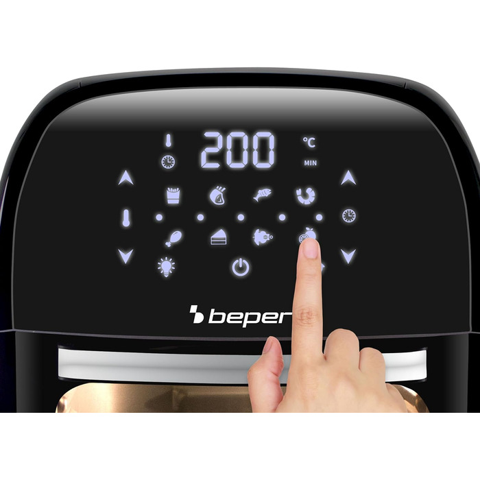 Аерофритюрниця BEPER P101FRI012 цифрова, 12 л, 1800 Вт, гриль, тостер, сушарка, 8 програм, сенсорна панель, аксесуари, чорна