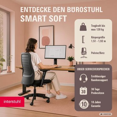 Ергономічне офісне крісло Interstuhl SMART Soft, синхромеханізм, 4D-підлокітники, підтримка попереку, чорне, Made in Germany