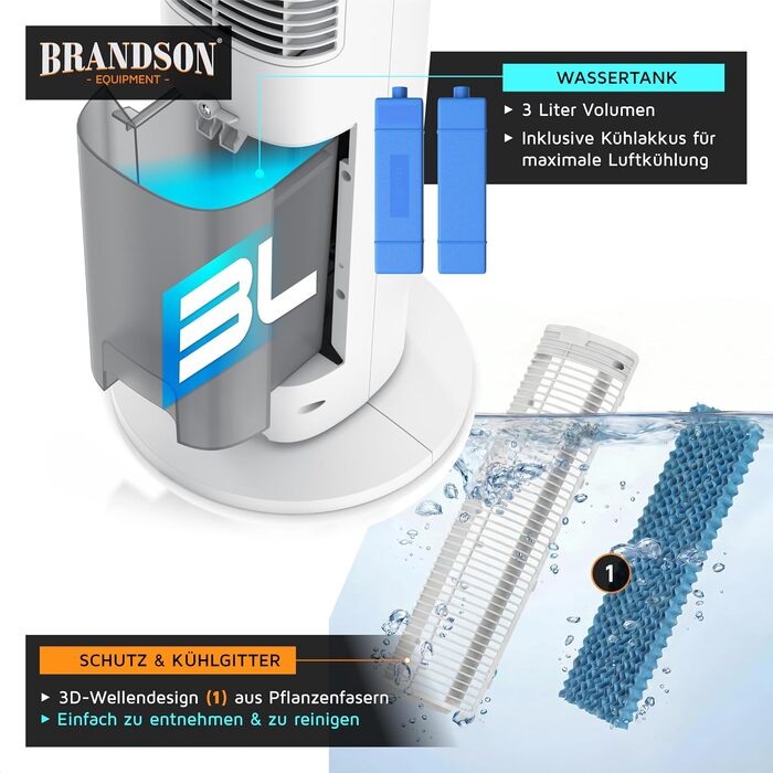 Вентилятор вежний Brandson з функцією охолодження водою ECO Design, тихий, DC мотор, з пультом, енергоефективний, з коливанням