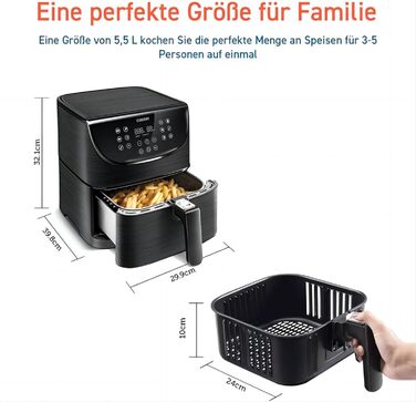 Аерофритюрниця COSORI 5,5 л XXL, цифровий LED-екран, 13 програм, без олії, 1700 Вт, чорна, преміум