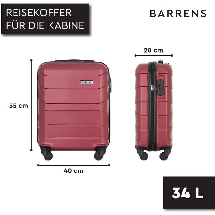 Валіза для ручної поклажі BARRENS 55x40x20 см, містка дорожня валіза з жорстким корпусом, 4 колеса, кодовий замок та телескопічна ручка, легка