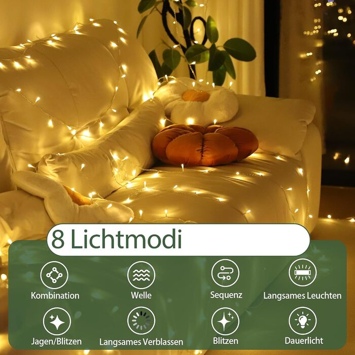 Світлодіодна гірлянда вулична 50м (200 LED), теплий білий колір, IP44 водонепроникна, з пультом керування, таймером та 8 режимами роботи (набір 2 шт), прозорий дріт