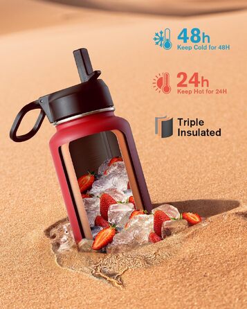 Термопляшка Coolflask з соломинкою та 3 кришками, 1.2 л, нержавіюча сталь, червона — ізольована спортивна пляшка для води, офісу та подорожей, герметична