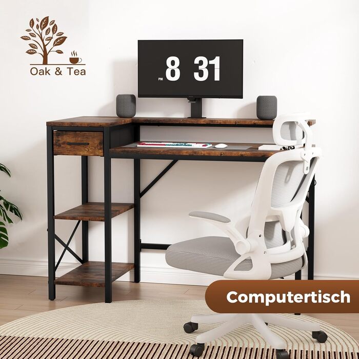 Ігровий стіл Oak & Tea 120x52 см з ящиками, регульованою полицею та тримачем для монітора – для навчання, ігор, роботи та дому. Колір: коричневий та чорний (вінтажний).
