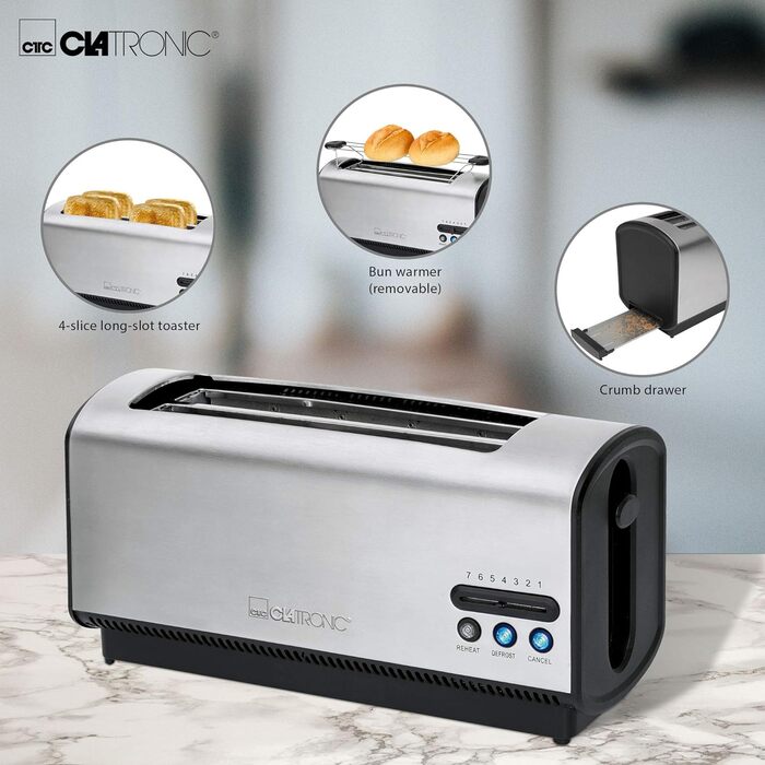 Тостер Clatronic TA 3687 для 4 тостів, довгий слот, функції розморожування, підігріву, швидкої зупинки, регульований ступінь підсмажування, центрування, корпус з нержавіючої сталі, чорний