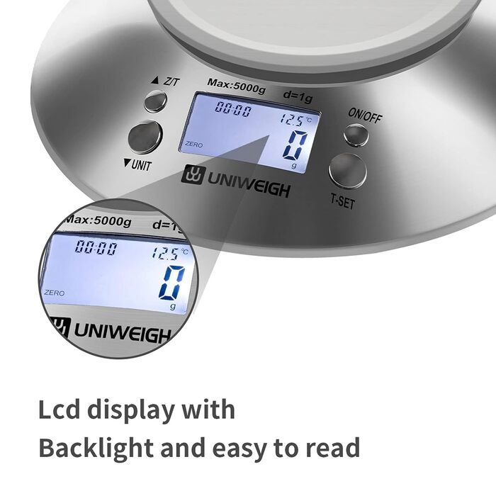 Цифрова кухонна вага UNIWEIGH з нержавіючої сталі, знімна чаша 2,15 л, LCD-дисплей, таймер, вимірювання в грамах і унціях, для приготування їжі, випічки та дієти, до 5 кг (11 фунтів)