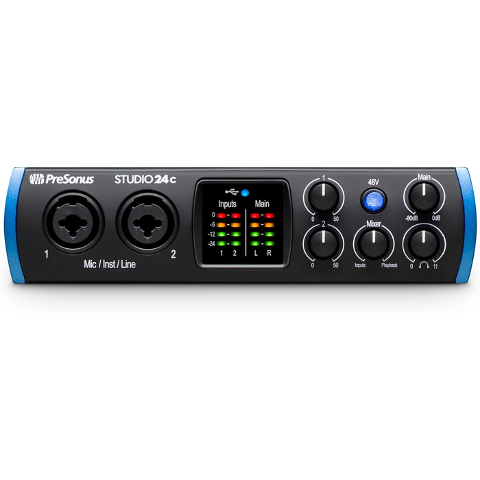 Аудіоінтерфейс PreSonus Studio 24c USB-C для запису, стрімінгу та подкастингу з програмним забезпеченням (2 мікрофонні преампи/2 виходи)