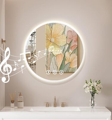 Дзеркало для ванної кімнати Habison з підсвічуванням 70x70 см LED, з годинником, сенсорним вимикачем, регулюванням яскравості, захистом від запотівання, 3-х кратним збільшенням, Bluetooth