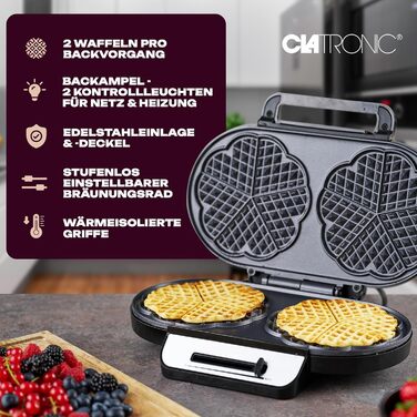 Вафельниця Clatronic WA 3745, 1200 Вт, антипригарне покриття, регульоване підсмаження, серцева форма, 2 вафлі за раз