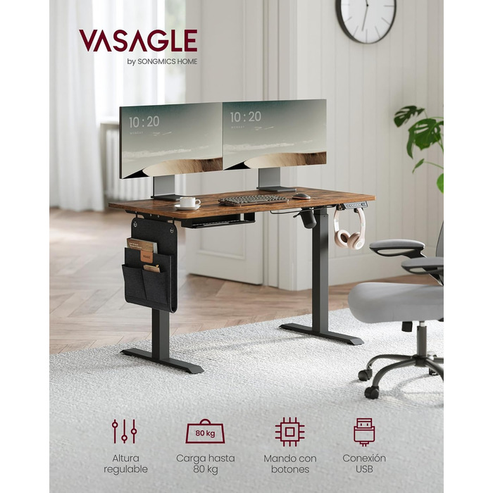 Електричний регульований стіл VASAGLE 120×60 см, з пам'яттю на 4 висоти, деревно-стружкова плита, сталь, вінтажний коричневий