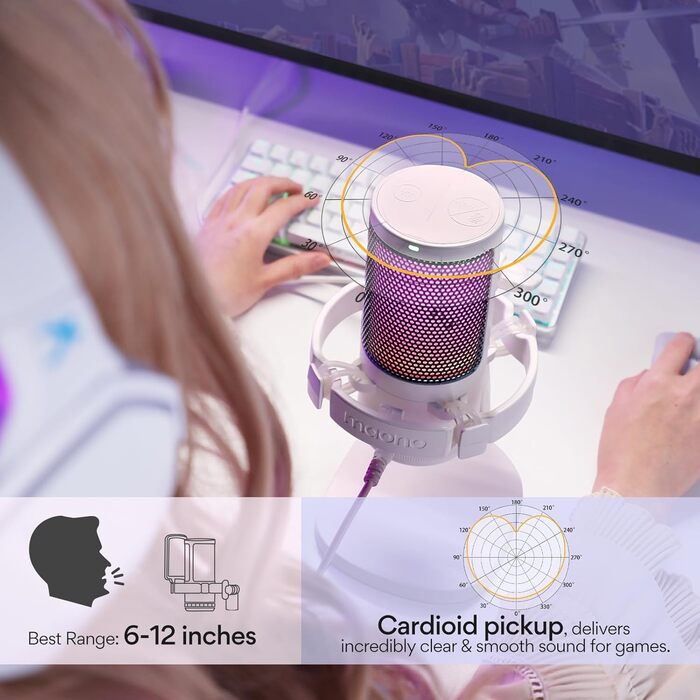 MAONO ігровий конденсаторний мікрофон для ПК, шумозаглушення, USB мікрофон для стрімінгу, подкастів, студії, з RGB підсвіткою, для PS5/PS4/Mac, сенсорна кнопка вимкнення звуку, регулятор гучності, білий