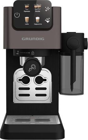 Еспресо-машина GRUNDIG KSM 6430 з вбудованим контейнером для молока, 1628 Вт, 20 бар, 2-дозова, Touch-Display, BrewSense, CreamyPro, Dark Inox/Schwarz, сумісна з капсулами та падами