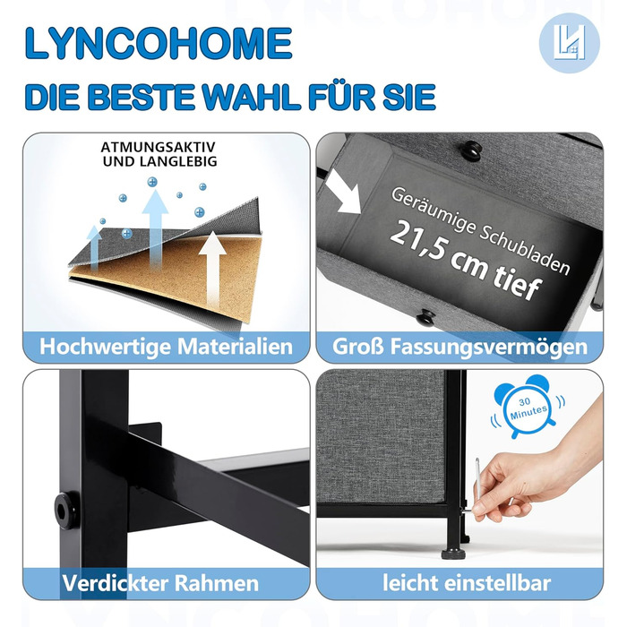 LYNCOHOME комод із 10 тканинних шухляд, органайзер для кухні, офісу, коридору, тумба під ТВ, сірий