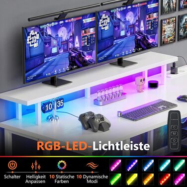 Кутовий ігровий стіл YOUDENOVA L-подібний з LED-підсвіткою, 4 шухлядами та розеткою, комп'ютерний стіл для геймерів та офісу з полицею для монітора, білий, 142x107 см