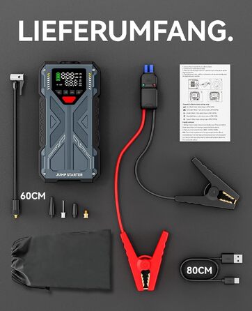 Пусковий пристрій (бустер) для авто Starthilfe 8000A з компресором 150 PSI, Powerbank 12V для бензинових та дизельних двигунів до 10л, LED-дисплей, сірий