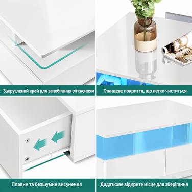 YITAHOME журнальний стіл білий, глянцевий з LED підсвіткою 16 кольорів, сучасний столик у вітальню з відкритою полицею та 4 висувними шухлядами, 90x55x41,1 см
