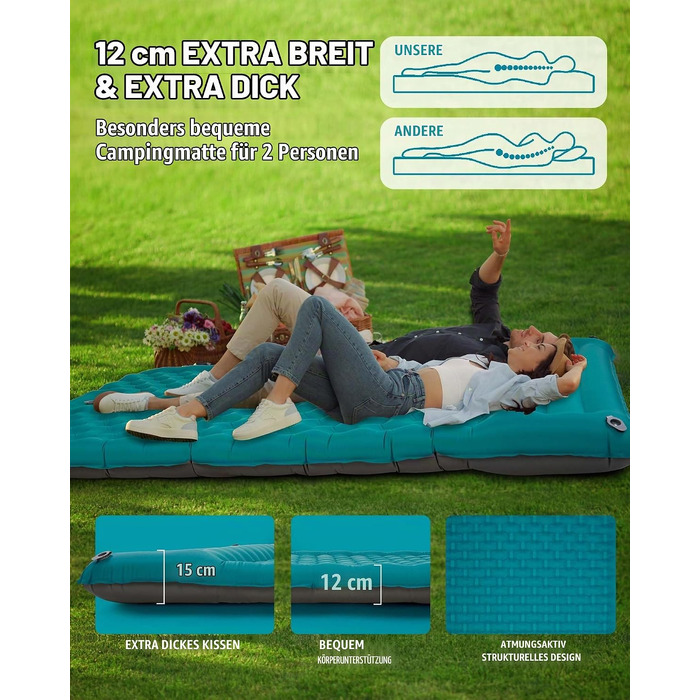Самонадувний кемпінговий килимок AKSOUL Outdoor: ультралегкий надувний матрац з подушкою, термоізоляційний складний матрац для намету, трекінгу та пляжу, 12 см, двомісний, колір павлін