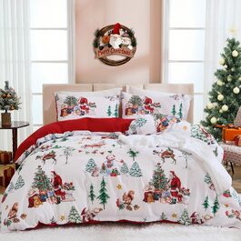 Комплект зимової постільної білизни WONGS BEDDING з новорічним принтом (Дід Мороз), мікрофібра, 2 предмети: підковдра 135x200 см та наволочка 80x80 см, білий