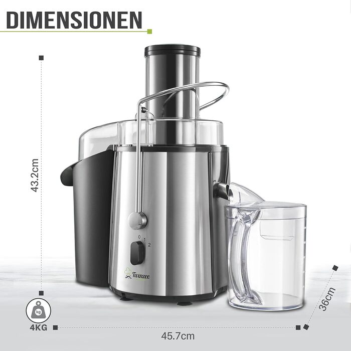 Twinzee електрична соковижималка для овочів і фруктів, 850 Вт, 2 швидкості, великий завантажувальний отвір, антиковзкі ніжки, преміум-якість для здорового харчування