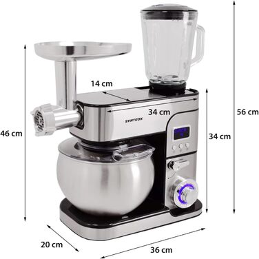 Кухонний комбайн Syntrox Kagus 6 л з м'ясорубкою, 1300 Вт, нержавіюча сталь, чорний – міксер, тістоміс, вінчик, LED-дисплей, таймер
