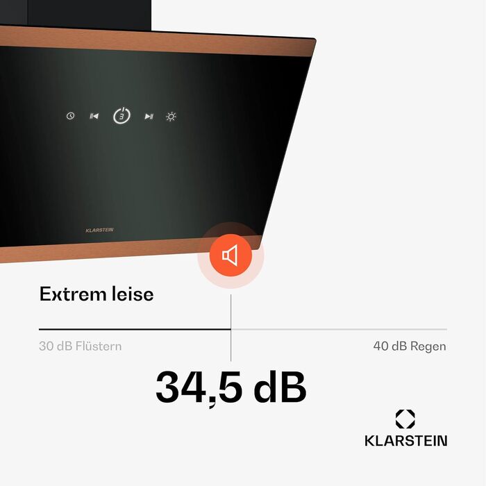 Витяжка кухонна Klarstein FlashLine 60, 60 см, чорна з міддю, продуктивність 524 м³/год, сенсорне керування, LED-підсвітка, клас A++, режим відведення та рециркуляції