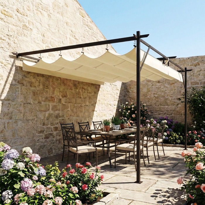 Тerasna Dachka Pergola приблизно 4x3м - Накриття для тераси з регульованим дахом, кріплення до стіни, захист від УФ-випромінювання 30+, кремовий білий