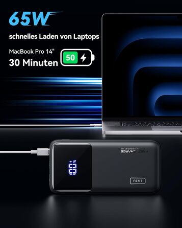 Power Bank INIU 20000mAh 65W: зарядний пристрій для телефону та ноутбука. USB-C, сумісний з MacBook, iPad, iPhone, Steam Deck. Чорний