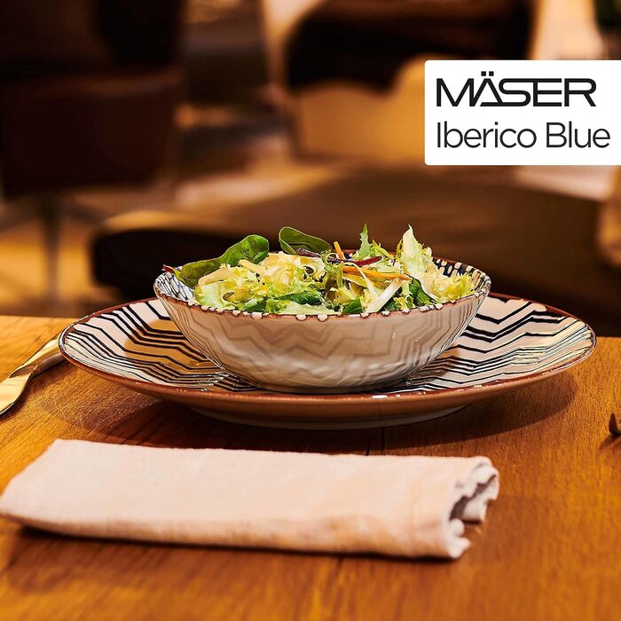 Сервіз обідній MÄSER Iberico Blue, 12 предметів, для 4 осіб, марокканський стиль, білі та сині тарілки зі візерунками, кам'яний посуд