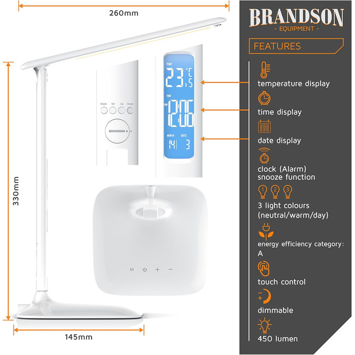 Настільна LED лампа Brandson з регулюванням яскравості, 3 режими світла (холодний, теплий, нейтральний), захистом для очей, таймером, термометром і календарем